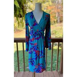 Calvin Klein Turquoise Tropical Floral Long Sleeve Midi Dress Size 10